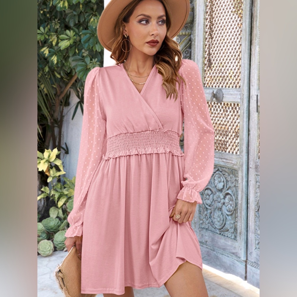 Coquette Chic Pink Swiss Dot Long Sleeve Dress